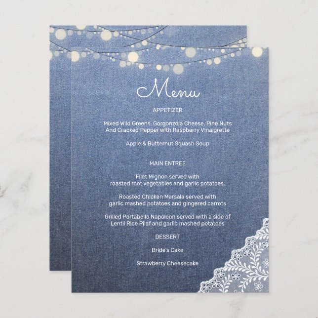 Budget Blue Jeans, String Lights & Lace Menu (Vorne/Hinten)