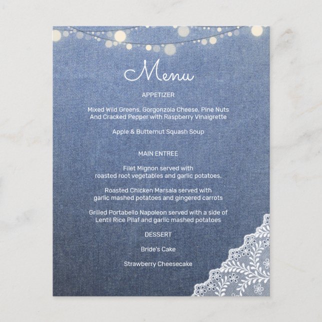 Budget Blue Jeans, String Lights & Lace Menu Flyer (Vorne)