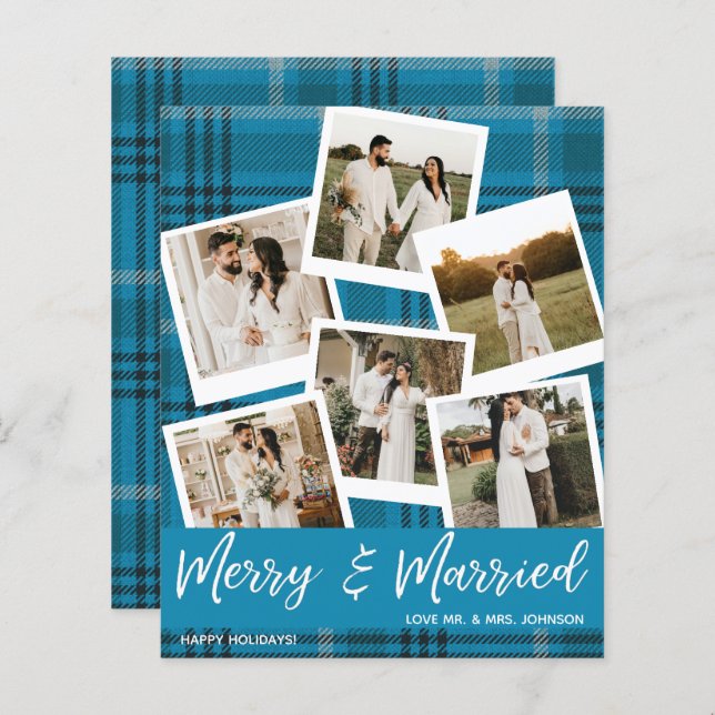 Budget Blue Kariert Multi Foto Verheiratet & Merry (Vorne/Hinten)