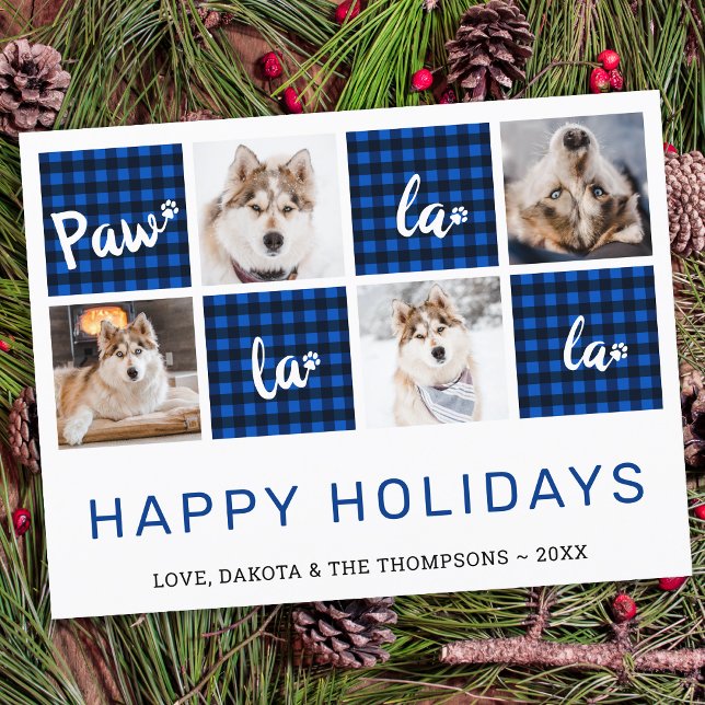 Budget Blue Kariert Pet Foto Collage Holiday Card (Von Creator hochgeladen)