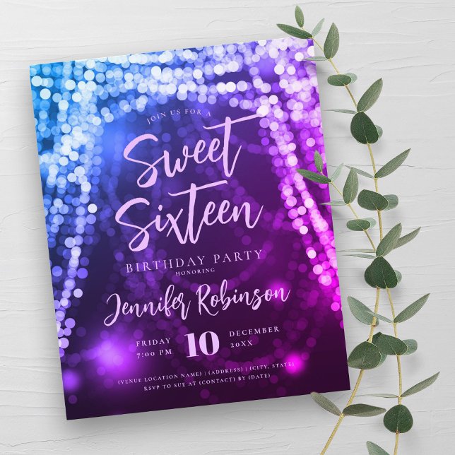 Budget Blue Lila String Lights Sweet 16 Einladen Flyer (Budget Blue Purple String Lights Sweet 16 Invite Flyer)