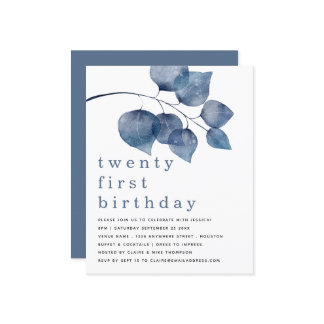 Budget Blue Modern Foliage 21. Einladung