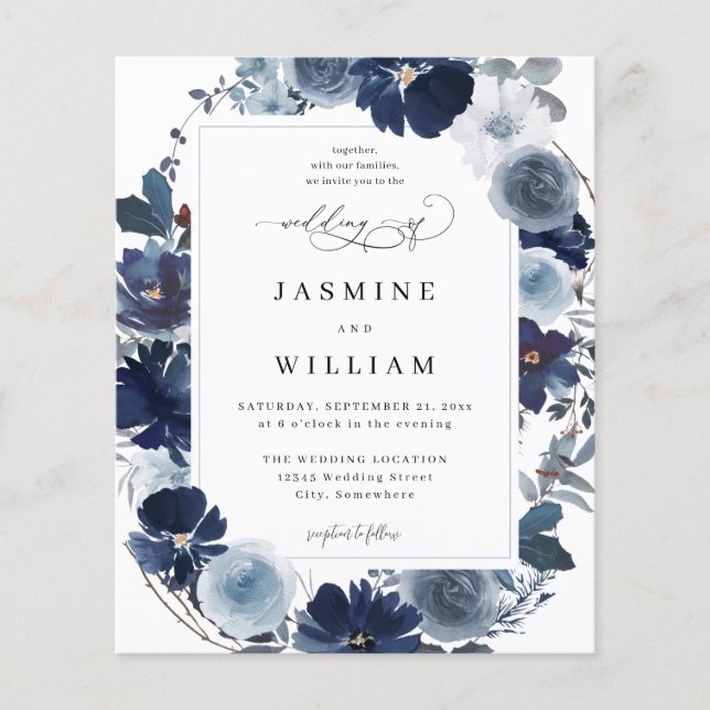 Budget Blue & Navy Floral Wedding Flyer (Vorne)