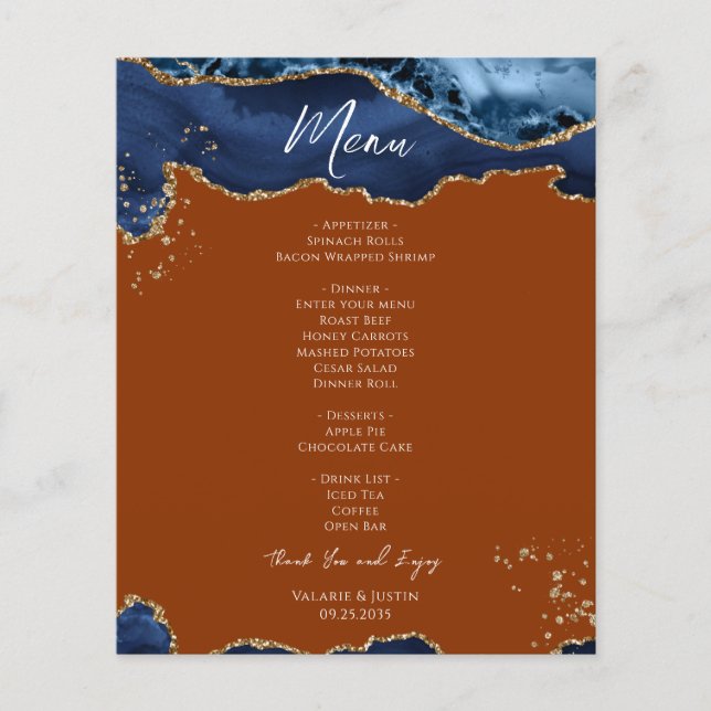 Budget Blue Orange Agate Wedding Menu Flyer (Vorne)