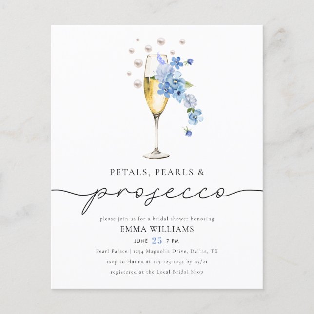 BUDGET Blue Petals Pearls & Prosecco Brautparty Flyer (Vorne)