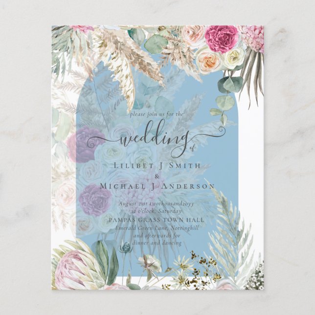 BUDGET Blue Pink Pampas Grass Wedding Flyer (Vorne)