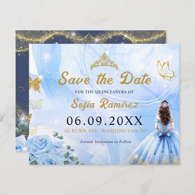 Budget Blue Princess Quinceañera Save the Date (Vorne/Hinten)