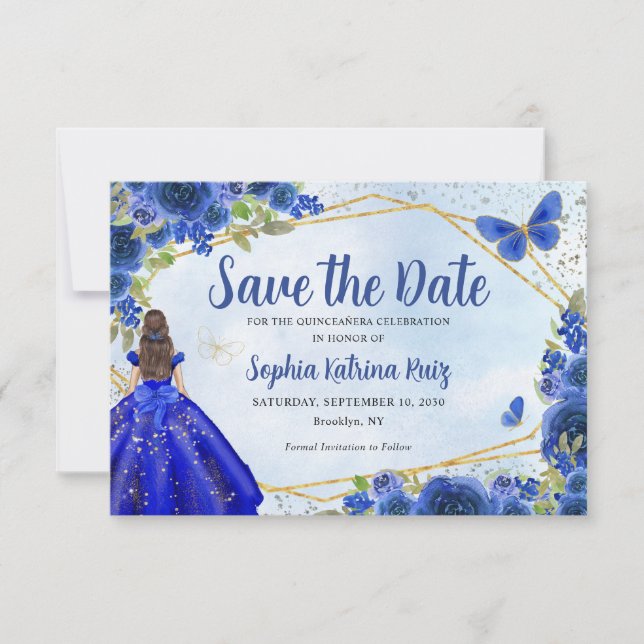 Budget Blue Princess Quinceañera Save the Date Mitteilungskarte (Vorderseite)