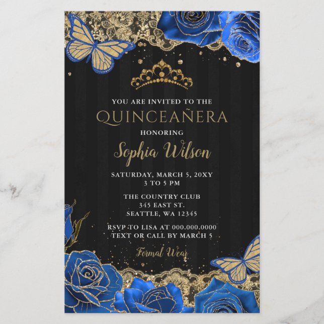Budget Blue Rose Black GoldQuinceañera Einladung (Vorderseite)