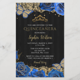 Budget Blue Rose Black GoldQuinceañera Einladung