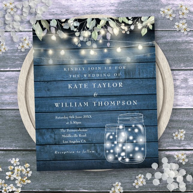 Budget Blue Rustic Lights Mason Jar Wedite Einladu (Budget Blue Rustic Lights Mason Jar Wedding Invite)
