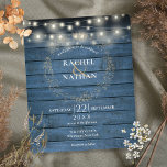 Budget Blue Rustic String Lights Wedite Einladung<br><div class="desc">Mit hübschen Saitenlichtern sind Ihre Namen in einem Laubgarten über Ihrem besonderen Hochzeitstermin und Ihren Räumlichkeiten gerahmt,  Set in schicker,  eleganter klassischer Typografie auf blauem rustikalem Holzhintergrund auf dieser stilvollen Budget-Hochzeitseinladung. Auf der Rückseite sind Ihre Initialen oder Monogramm gerahmt durch eine passende Blumengarne. Entwickelt von Thisisnotme©</div>