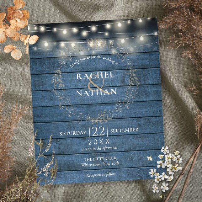 Budget Blue Rustic String Lights Wedite Einladung (Von Creator hochgeladen)