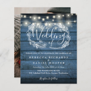 Budget Blue Rustic Wood Foto Hochzeit Einladung