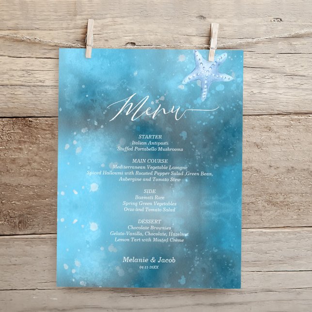 Budget Blue Sea Summer Wedding Flat Menu Card (Von Creator hochgeladen)