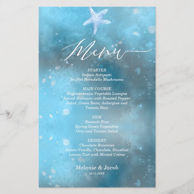 Budget Blue Sea Summer Wedding Flat Menu Card (Vorderseite)