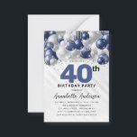 Budget Blue Silver Ballon Glitzer 40. Geburtstag Mitteilungskarte<br><div class="desc">Moderner Glam Navy Blauer Silberballon Glitzer Sparkle jedes Alter Geburtstag Einladung</div>