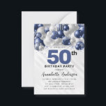 Budget Blue Silver Ballon Glitzer 50. Geburtstag Mitteilungskarte<br><div class="desc">Moderner Glam Navy Blauer Silberballon Glitzer Sparkle jedes Alter Geburtstag Einladung</div>