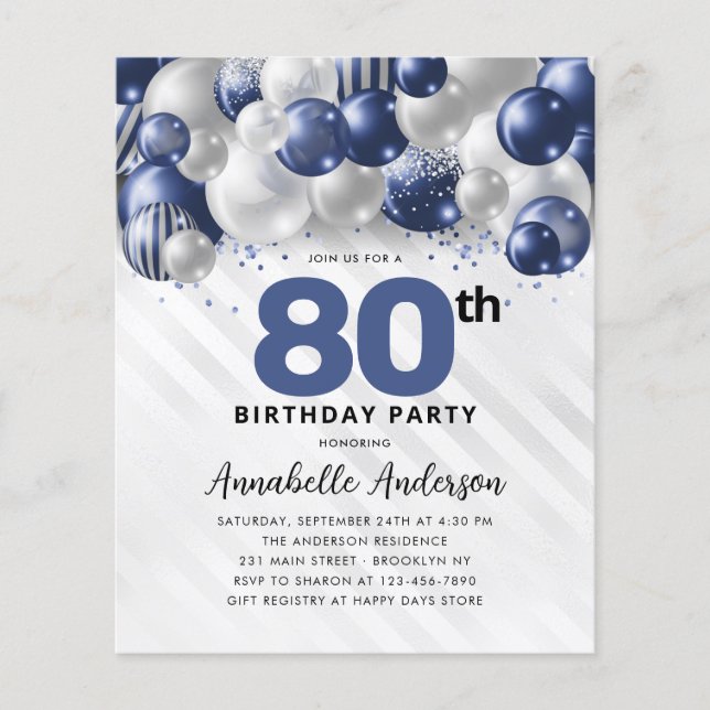 Budget Blue Silver Ballon Glitzer 80. Geburtstag (Vorderseite)