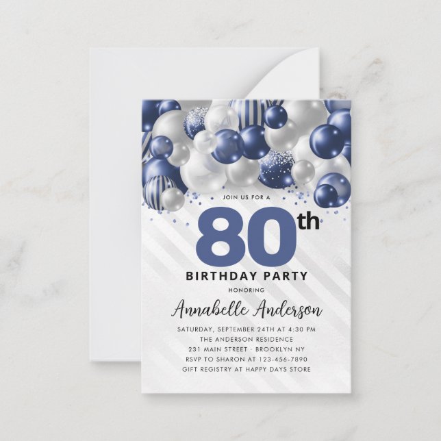Budget Blue Silver Ballon Glitzer 80. Geburtstag Mitteilungskarte (Vorderseite)