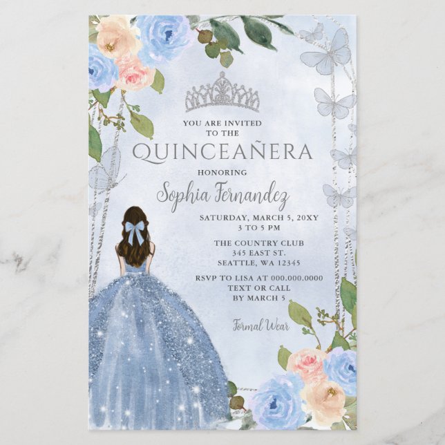 Budget Blue Silver Blumenprinzessin Quinceañera (Vorderseite)