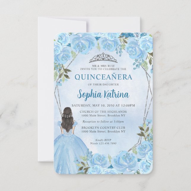 Budget Blue Silver Blumenprinzessin Quinceañera Mitteilungskarte (Vorderseite)