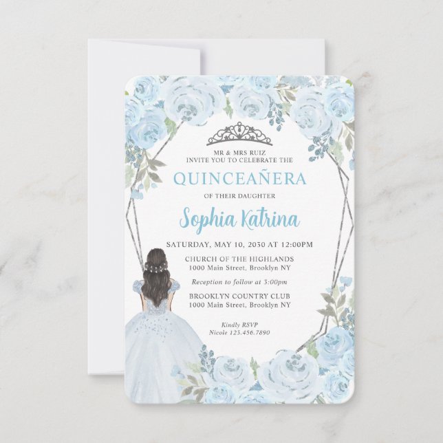 Budget Blue Silver Blumenprinzessin Quinceañera Mitteilungskarte (Vorderseite)