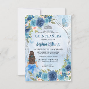 Budget Blue Silver Blumenprinzessin Quinceañera Mitteilungskarte