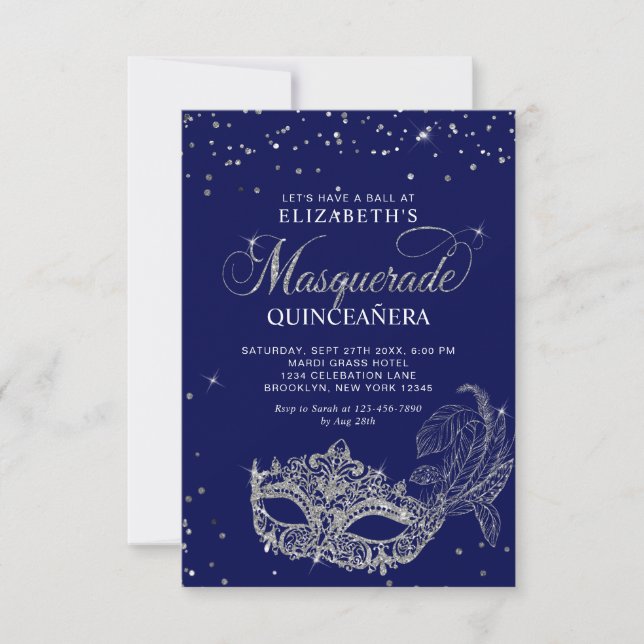 BUDGET Blue Silver Masquerade Quinceañera Photo Mitteilungskarte (Vorderseite)