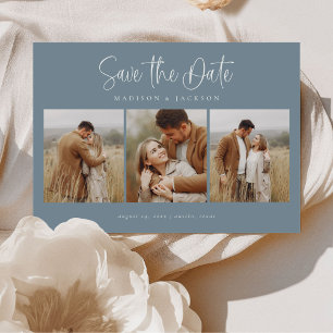 Budget Blue Simple Calligraphy Script Vier Foto Save The Date