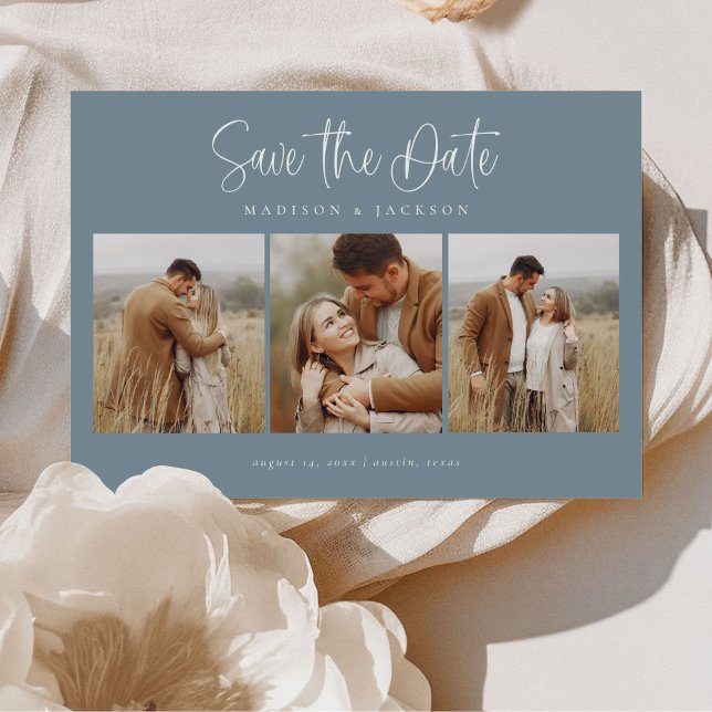 Budget Blue Simple Calligraphy Script Vier Foto Save The Date (Von Creator hochgeladen)