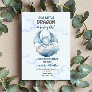 Budget Blue Watercolor Dragon Baby 1. Geburtstag Flyer