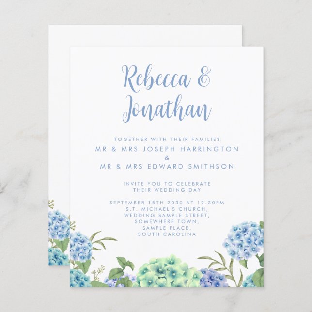Budget Blue Watercolor Floral Wedding Einladung (Vorne/Hinten)