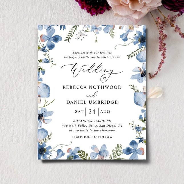 Budget Blue Watercolor Floral Wedding Einladung (Von Creator hochgeladen)