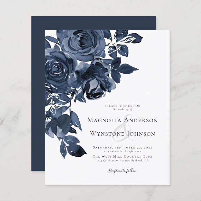 Budget Blue Watercolor Floral Wedding Einladung (Vorne/Hinten)