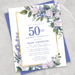 Budget Blue White Floral 50. Geburtstag Einladung<br><div class="desc">Hübsche Aquarellrosen und blaue Blumen sind in dunkelgrünen Blätter auf einem goldenen Rahmen eingebettet.</div>