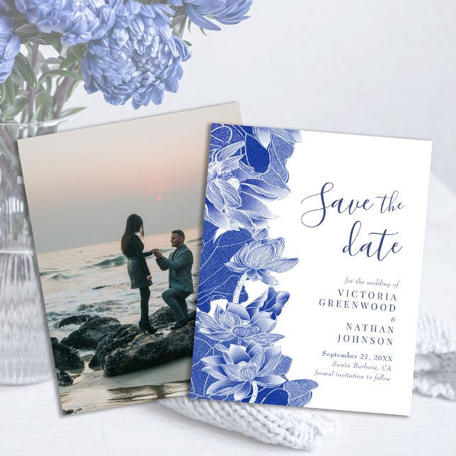 Budget Blue White Floral mit Foto Save the Date (Von Creator hochgeladen)