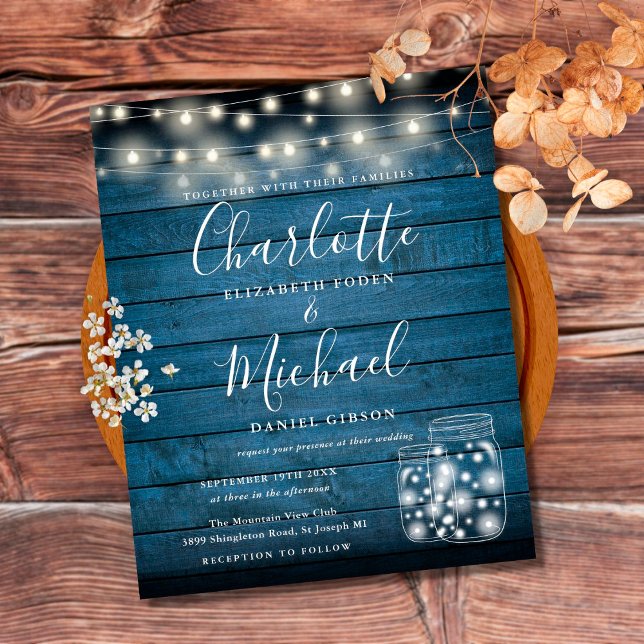 Budget Blue Wood Mason Jars Hochzeitseinladung (Von Creator hochgeladen)