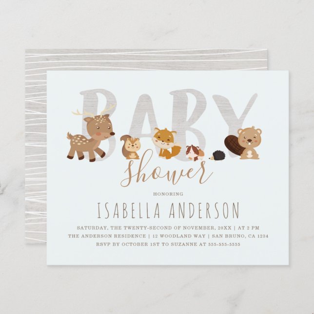 Budget Blue Woodland Animals Neutral Baby Dusche (Vorne/Hinten)