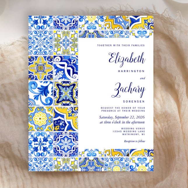 Budget Blue Yellow Tile Hochzeit Einladung (Von Creator hochgeladen)