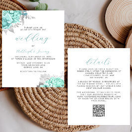 Budget-Blumen-Aqua-Silber-QR-Code-Hochzeits-Einlad