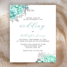 Budget-Blumen-Aqua-Silber-Schrift-Hochzeits-Einlad