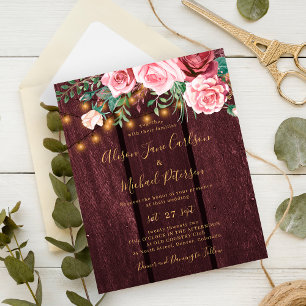 Budget-Blumen gold-bordeauxrote Hochzeitseinladung