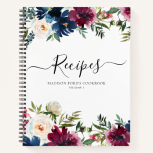 Budget-Blumen Navyblau Burgund Wasserfarbe Rezept Notizbuch