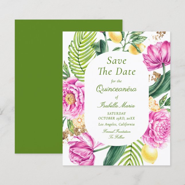 Budget Blumen Quinceañera Save The Dates (Vorne/Hinten)