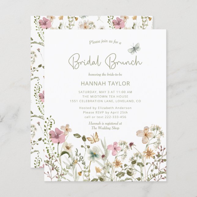 Budget Blumenladen Wildblume Bridal Brunch Einladu (Vorne/Hinten)