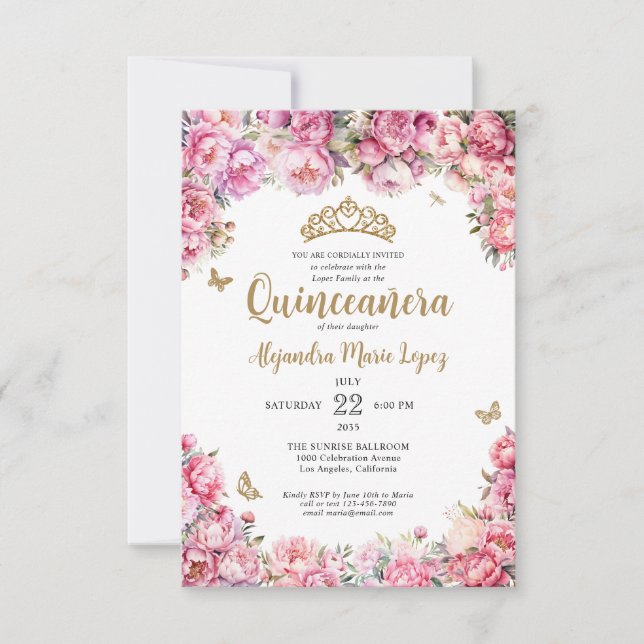 Budget Blumenrosa Glitzer Tiara Quinceañera Mitteilungskarte (Vorderseite)