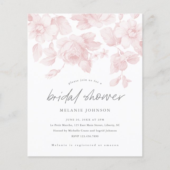 Budget Blumenschrift Rosa Bridal Dusche Einladung (Vorderseite)