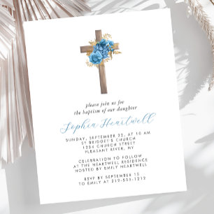Budget Blumiges Blaues Gold Kreuz Tauf Einladung