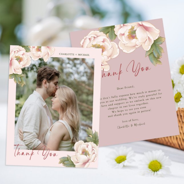 Budget Blush Floral Foto Hochzeit Danke Karte (Von Creator hochgeladen)